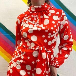 Vintage | Shady Lane 70’s Red Polka Dot Dress with White Fringe Belt.